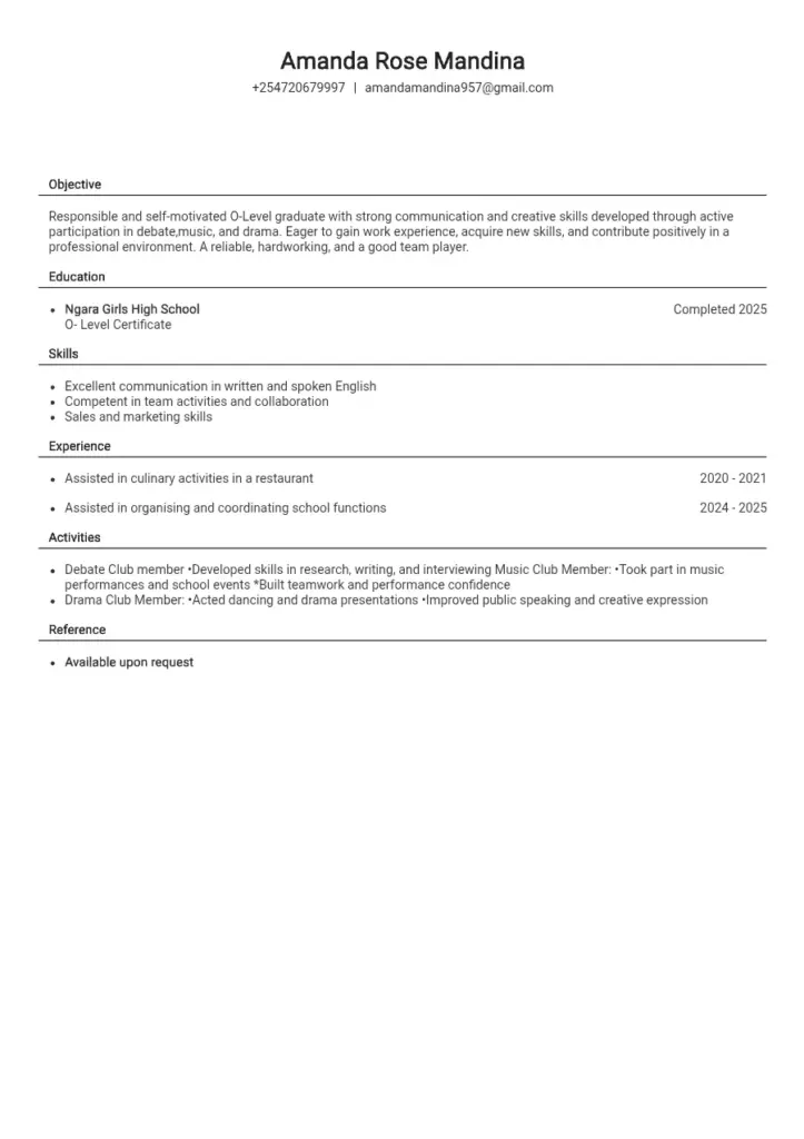 Amanda Rose Mandina - O-Level Graduate CV