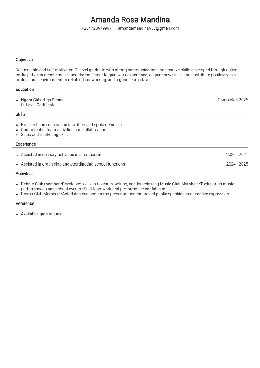 Amanda Rose Mandina – O-Level Graduate CV