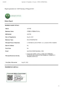 Application for Registration of Company OTIDEX INTERNATIONAL