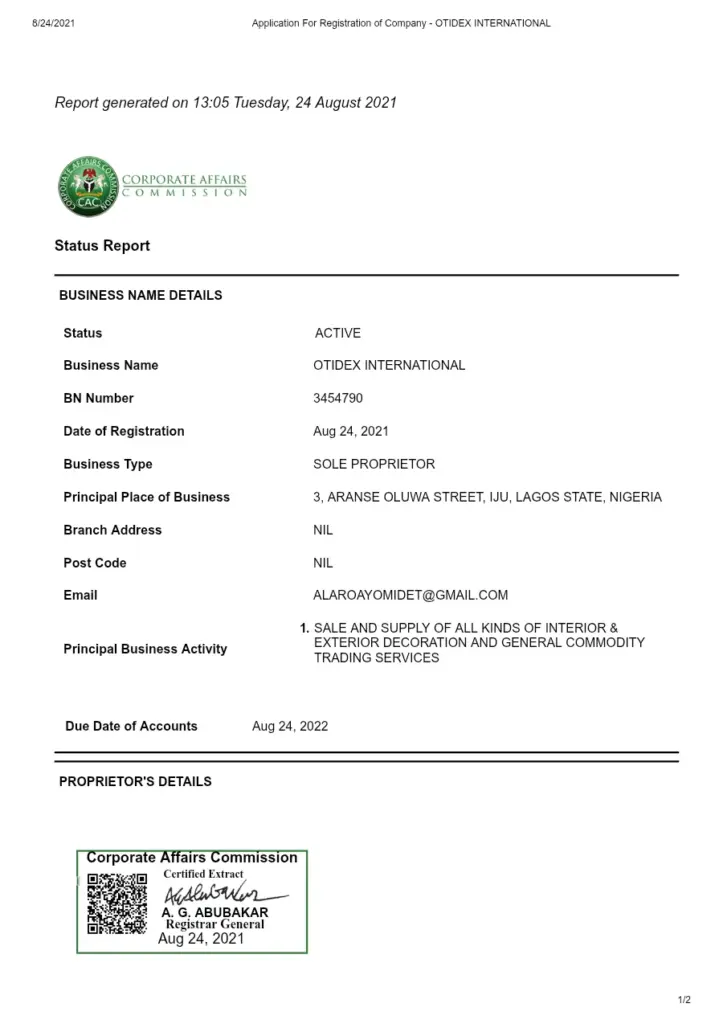 Application for Registration of Company OTIDEX INTERNATIONAL