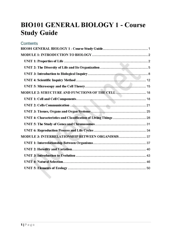 BIO101 General Biology 1 Course Study Guide