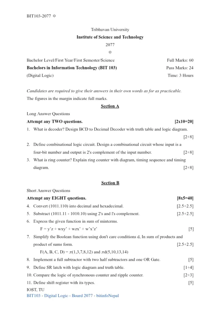 BIT103 Digital Logic - Tribhuvan University 2077