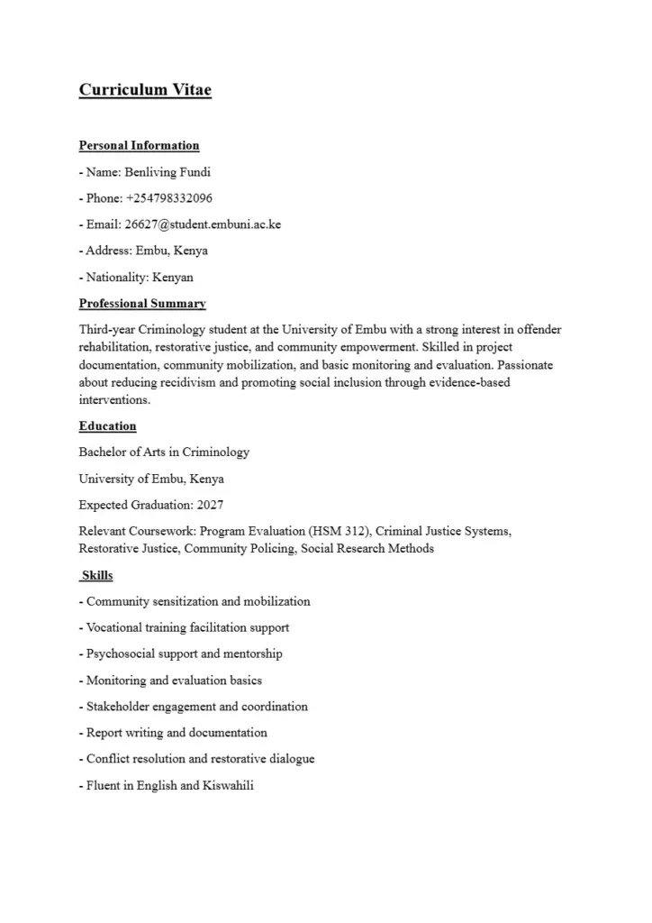 Benliving Fundi Curriculum Vitae - Criminology Student