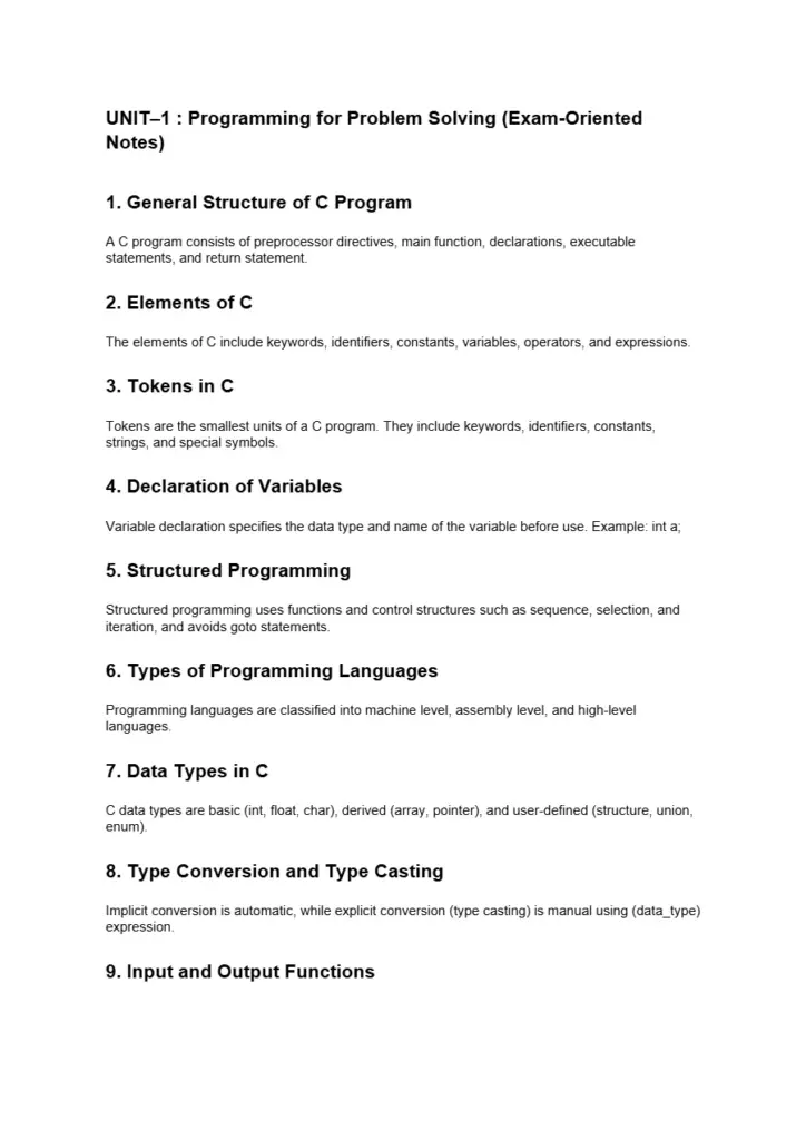 C Language Unit 1 Exam Ready Notes