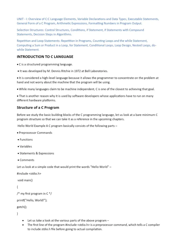 C Programming Unit 1 Notes: Language Elements and Control Structures