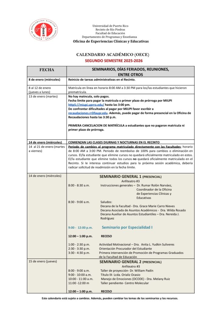 Calendario Académico Segundo Semestre 2025-2026 - Universidad de Puerto Rico
