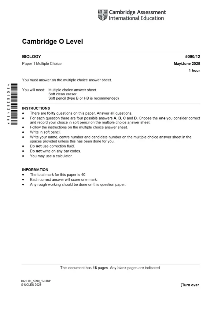 Cambridge O Level Biology 5090/12 Past Paper May/June 2025