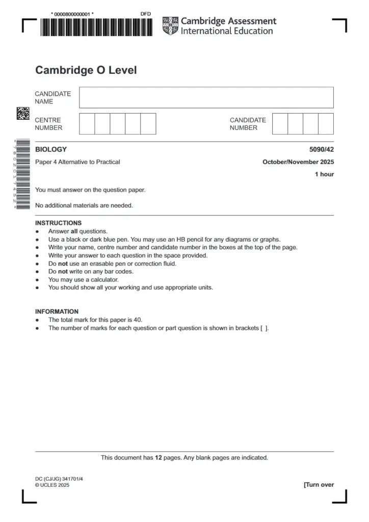 Cambridge O Level Biology 5090/42 Paper 4 Alternative to Practical October/November 2025