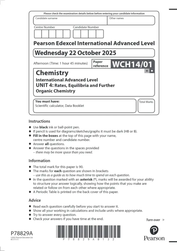 Chemistry Unit 4 Question Paper - Edexcel International A Level