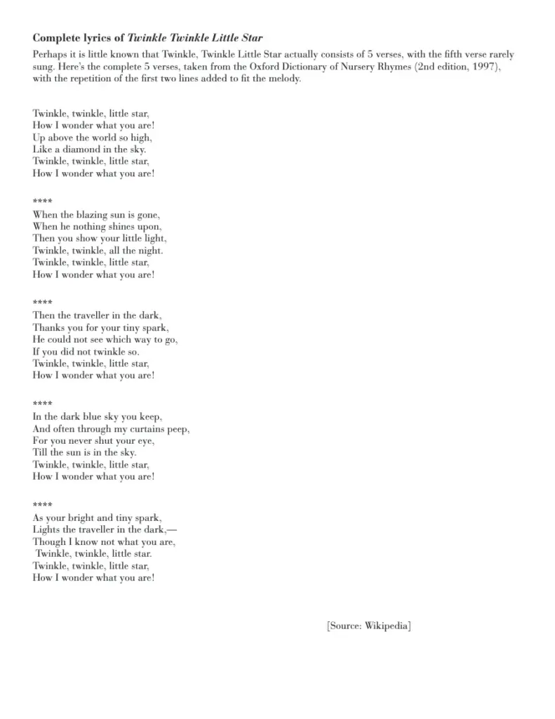 Complete Lyrics of Twinkle Twinkle Little Star