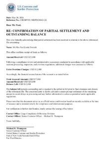 Confirmation of Partial Settlement and Outstanding Balance – US Customs and Border Protection