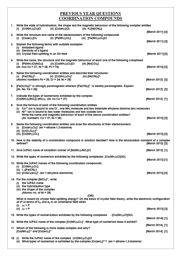 Coordination Compounds Previous Year Questions for Class 12