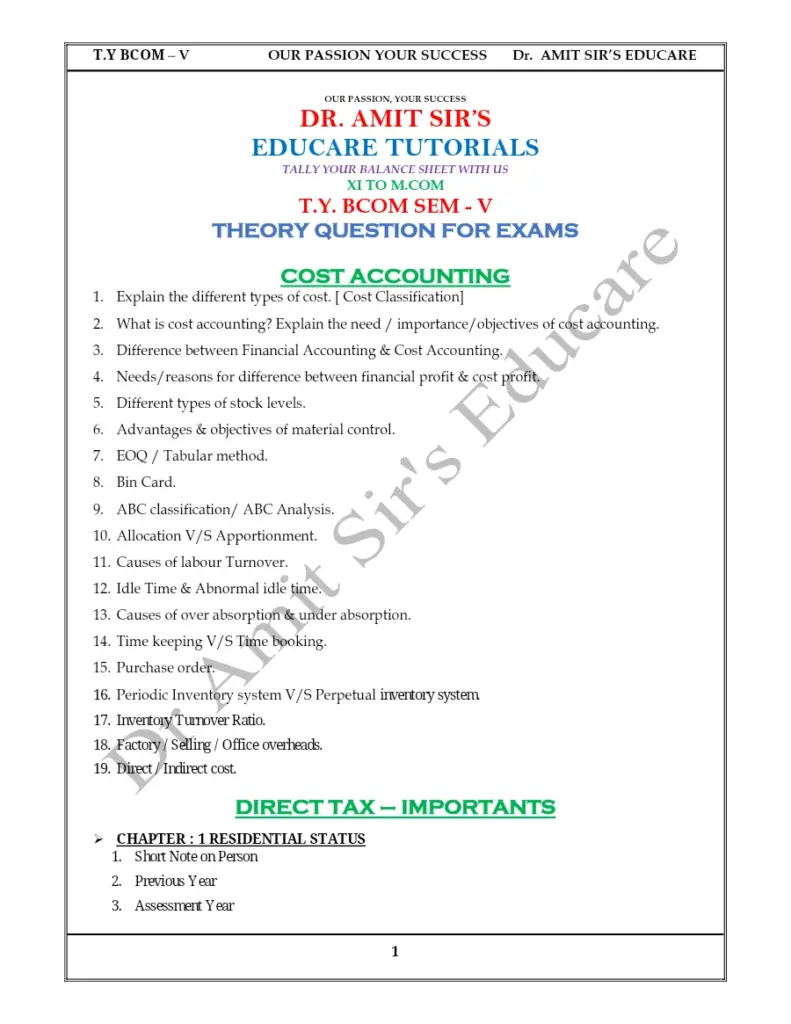Cost Accounting and Direct Tax Theory Questions for Exams
