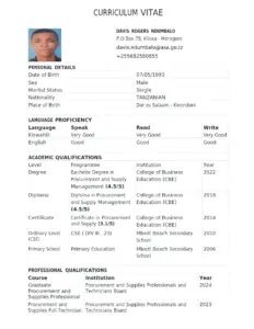 Curriculum Vitae of Davis Rogers Ndumbalo
