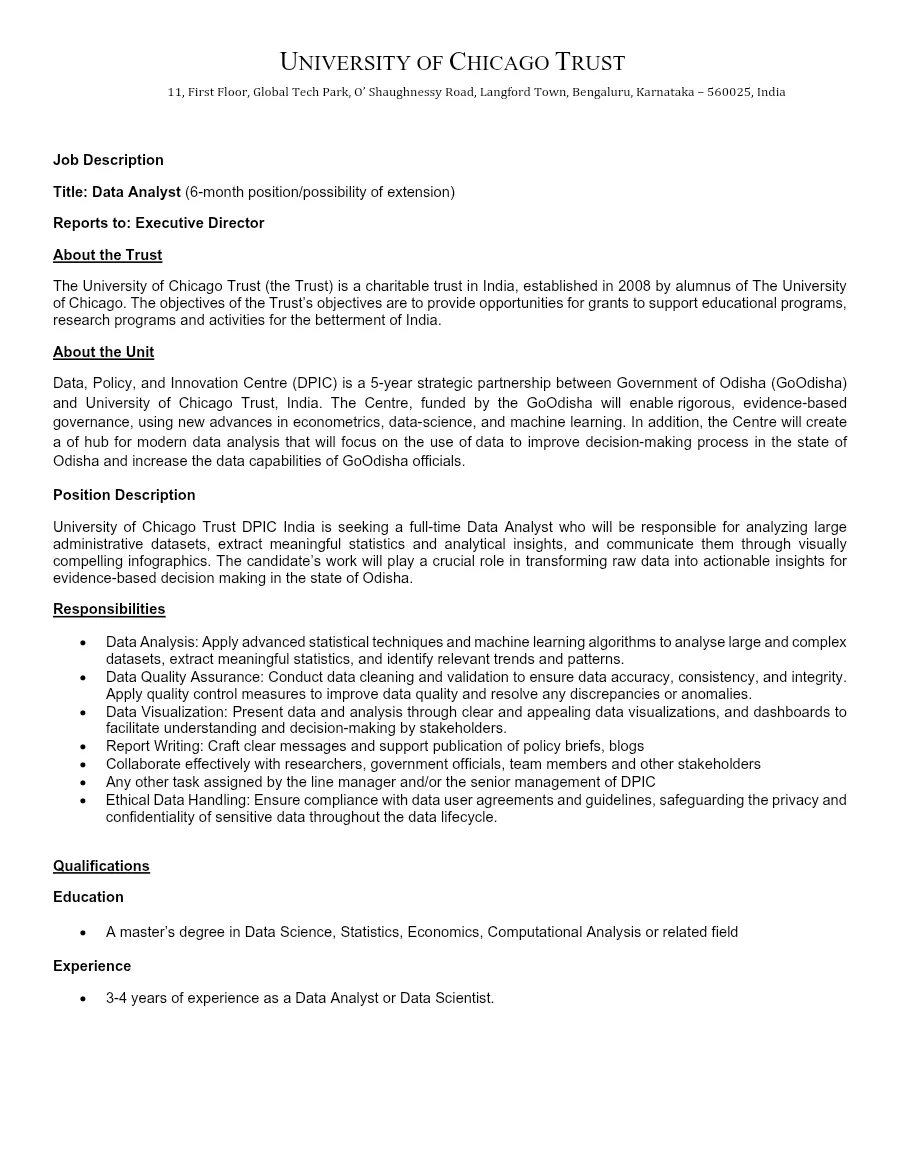 Data Analyst Job Description for University of Chicago Trust