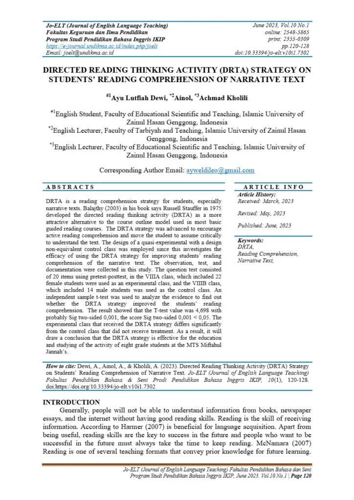 Directed Reading Thinking Activity (DRTA) Strategy on Students’ Reading Comprehension of Narrative Text