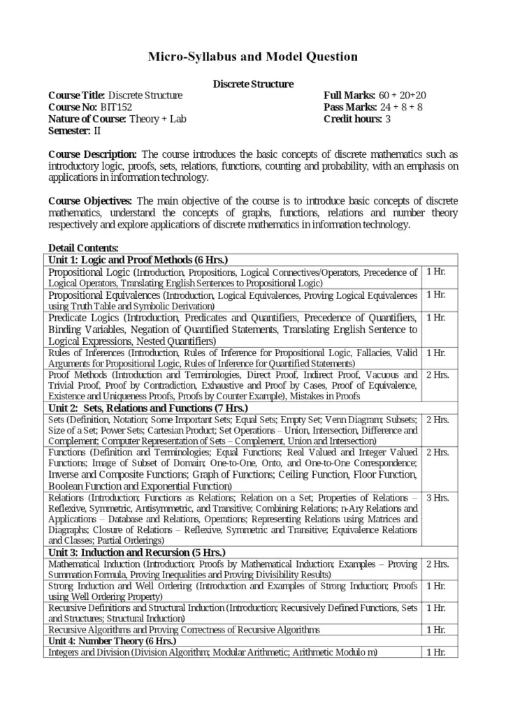 Discrete Structure BIT152 - Course Syllabus and Model Questions
