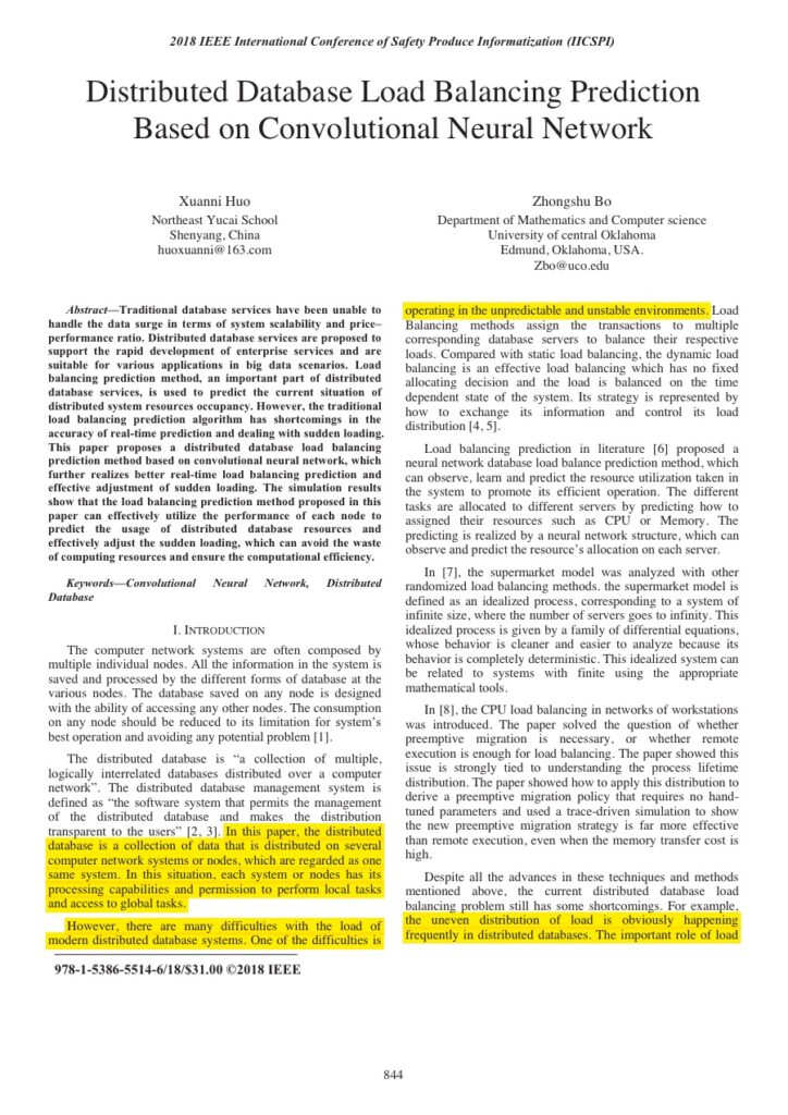Distributed Database Load Balancing Prediction Based on Convolutional Neural Network