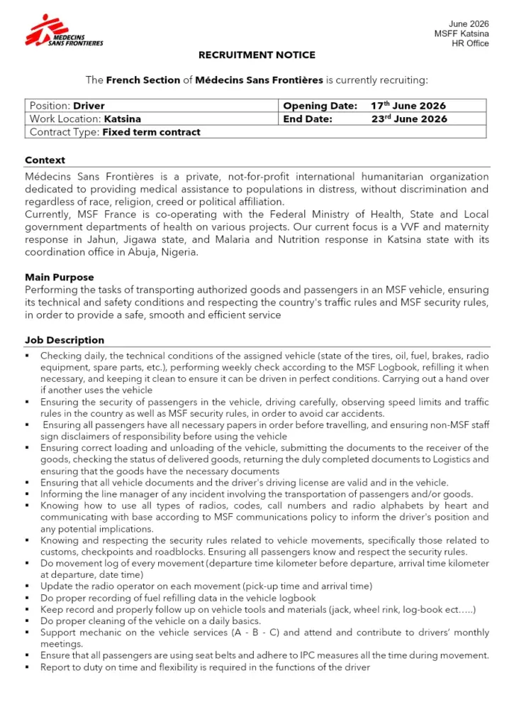 Driver Job Advert - Médecins Sans Frontières June 2026