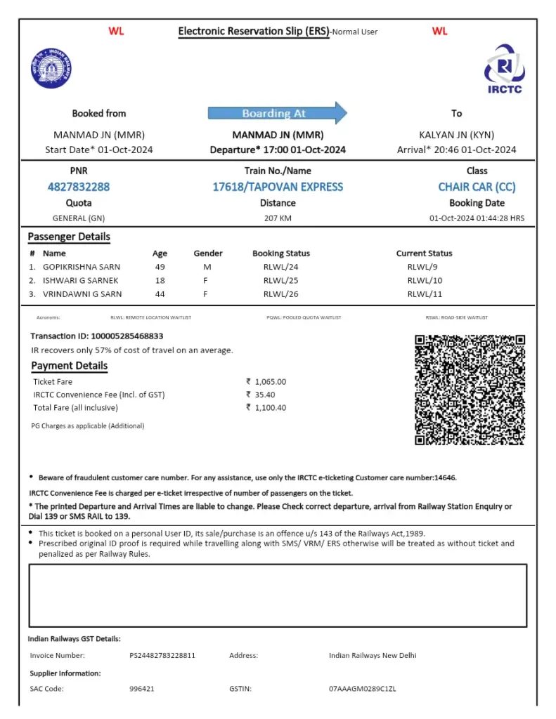 Electronic Reservation Slip for Train Journey from Manmad to Kalyan
