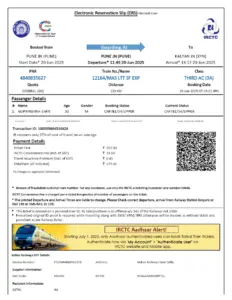 Electronic Reservation Slip for Train Journey from Pune to Kalyan