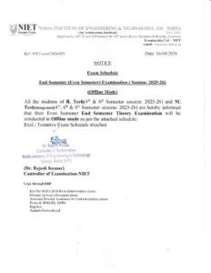 End Semester Even Semester Exam Schedule 2025 26 (Tentative)