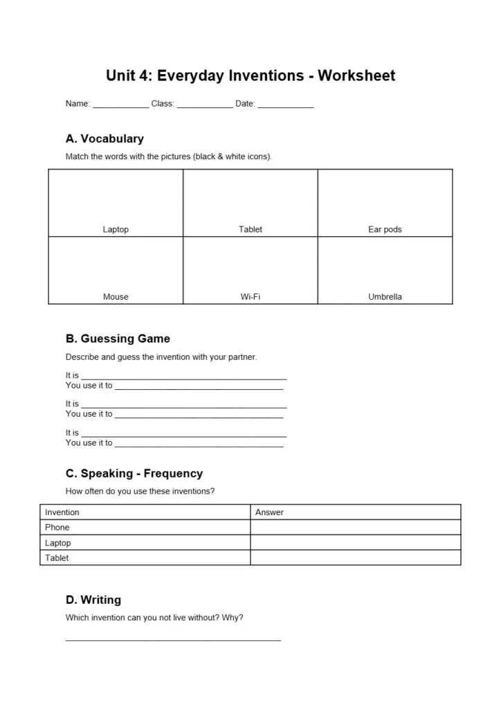 Everyday Inventions Worksheet