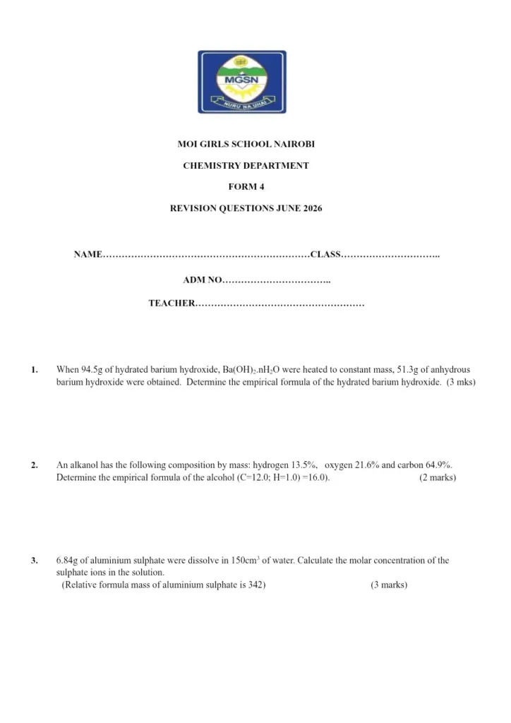 Form 4 Chemistry Revision Questions 2026