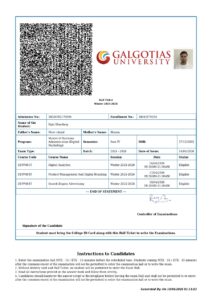 Galgotias University Hall Ticket for MBA Semester IV