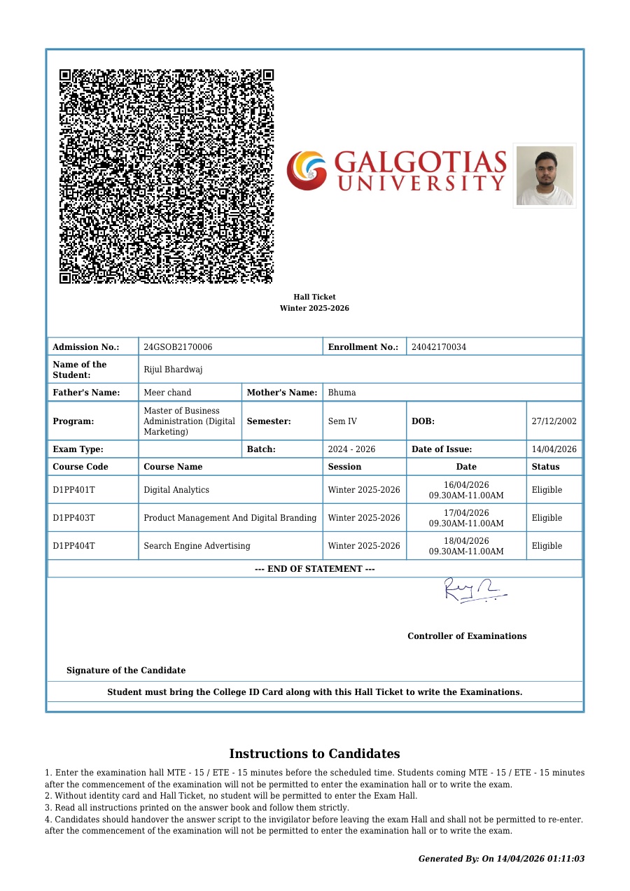 Galgotias University Hall Ticket for MBA Semester IV