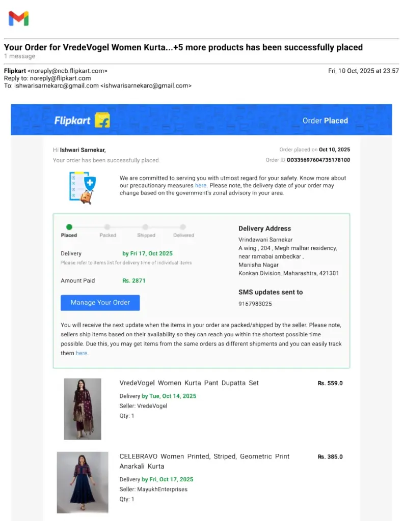 Gmail Order Confirmation for VredeVogel Women Kurta Set