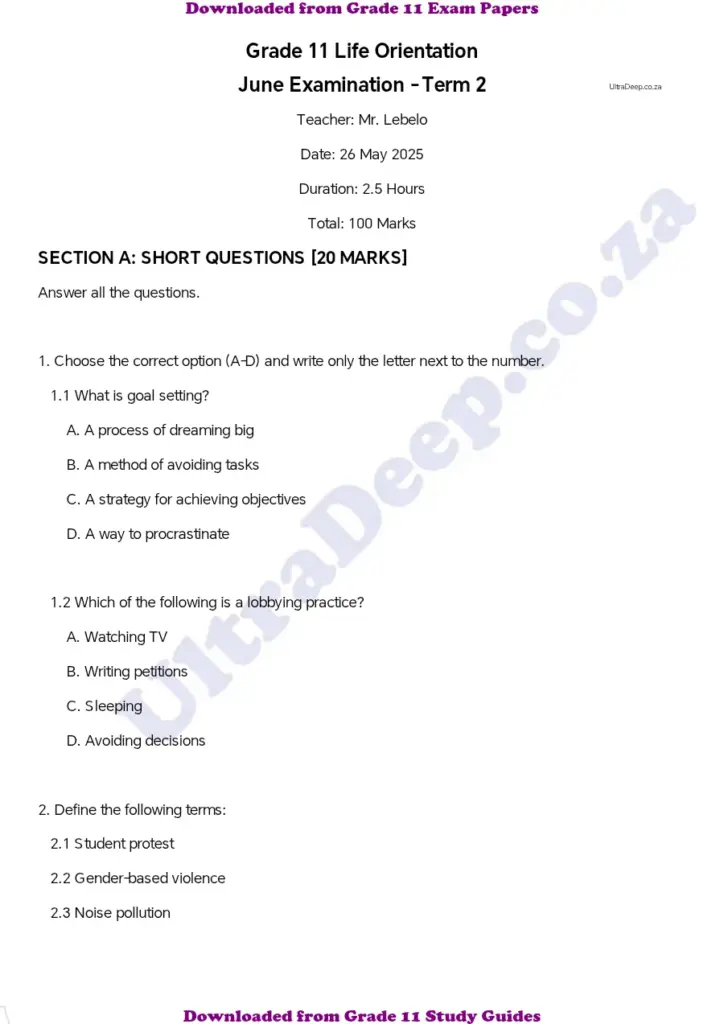 Grade 11 Life Orientation Term 2 Exam Paper May 2025