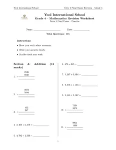 Grade 4 Mathematics Final Exam Revision Worksheet