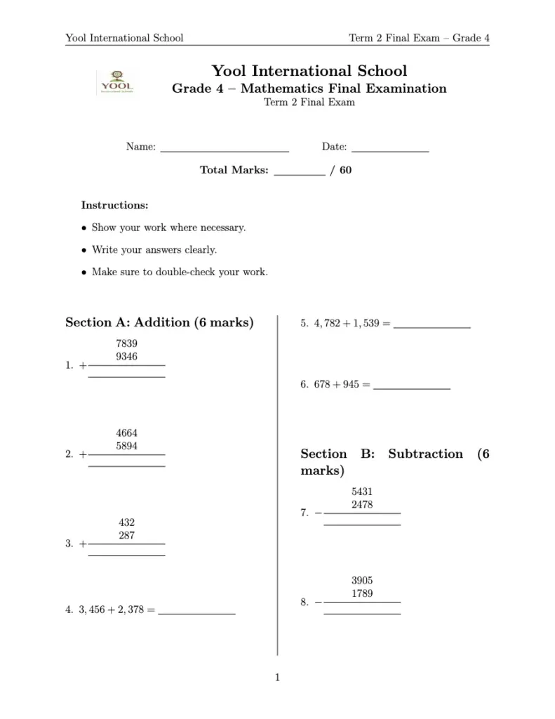 Grade 4 Mathematics Final Exam Term 2