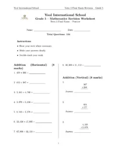 Grade 5 Mathematics Final Exam Revision Worksheet