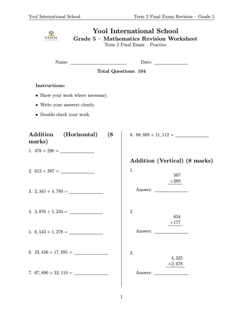 Grade 5 Mathematics Final Exam Revision Worksheet