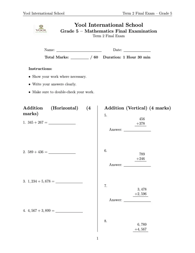 Grade 5 Mathematics Final Exam - Term 2