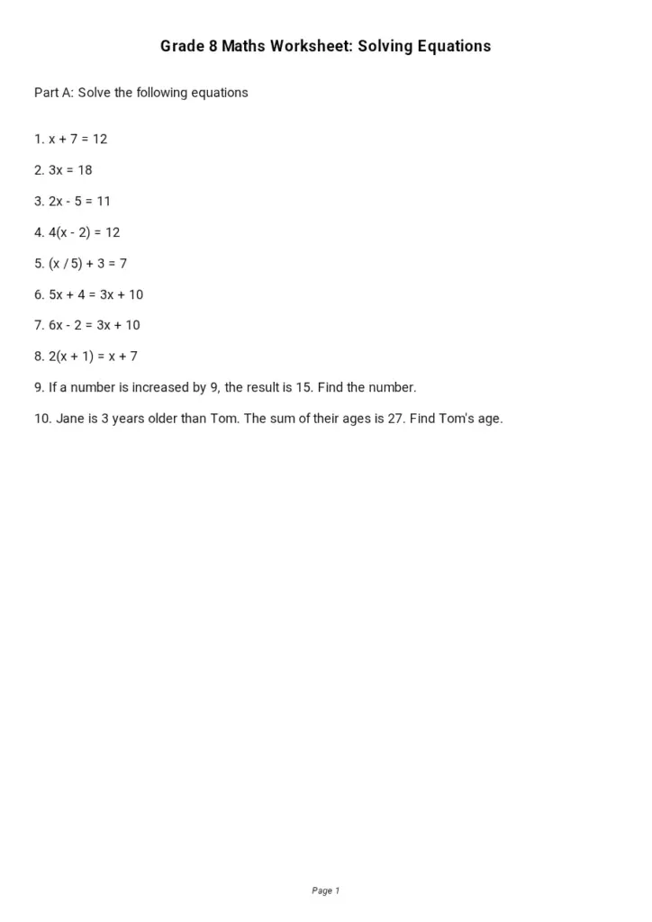 Grade 8 Equations Worksheet