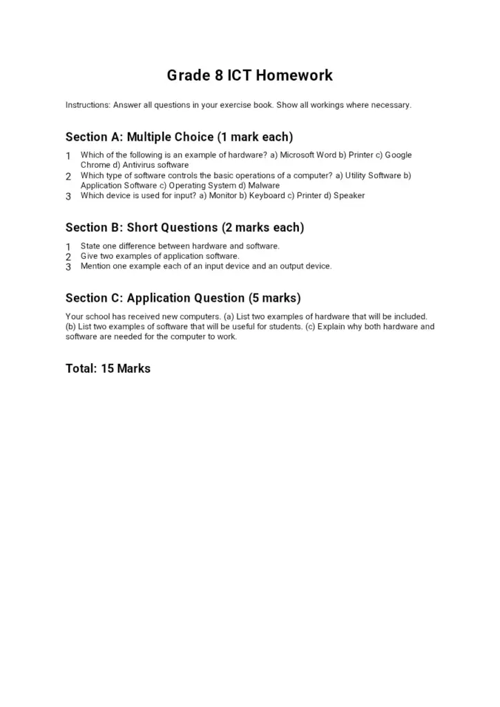 Grade 8 ICT Homework - Computer Hardware and Software