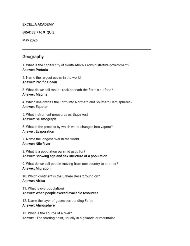 Grades 7 to 9 Geography, History, Science, and Math Quiz May 2026