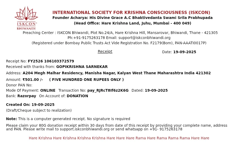 ISKCON Donation Receipt - Receipt No. FY2526 106103372579