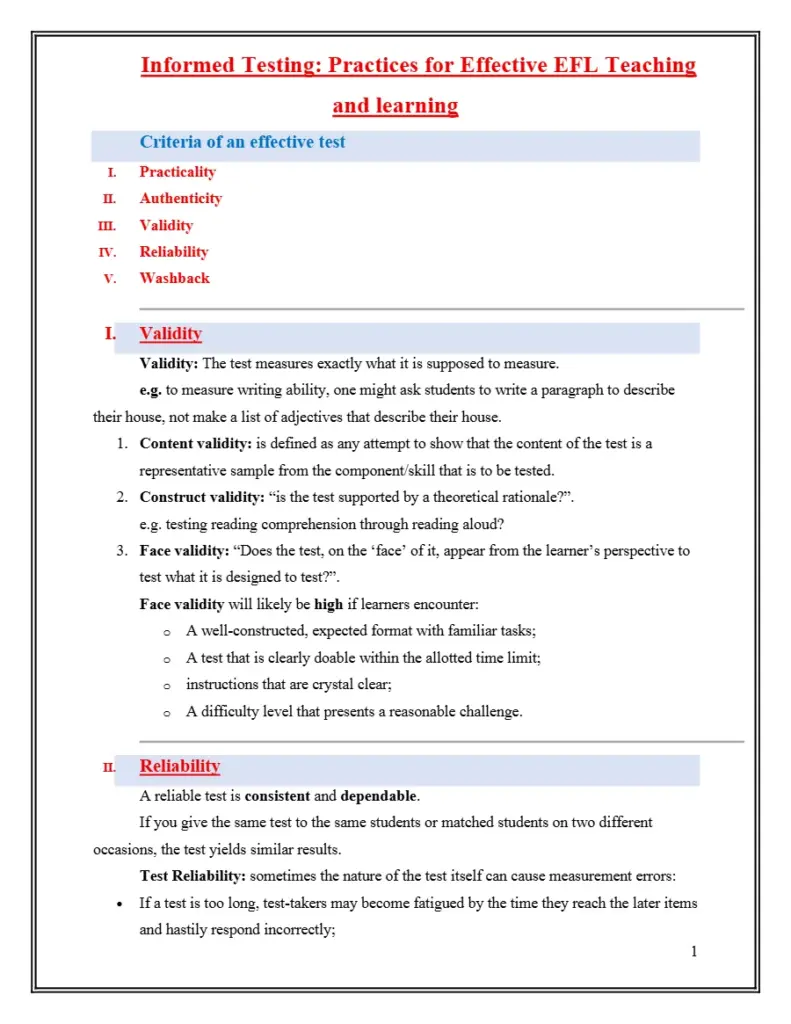 Informed Testing: Practices for Effective EFL Teaching and Learning