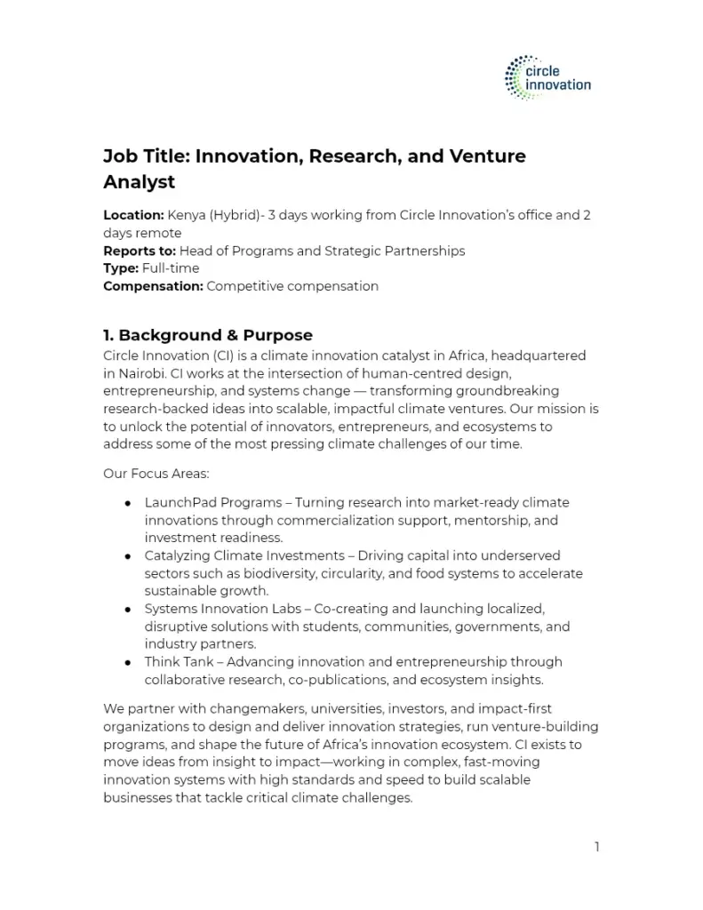 Innovation, Research and Venture Analyst Job Description 2026