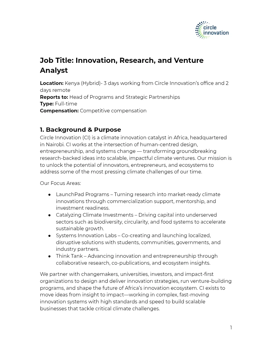 Innovation, Research and Venture Analyst Job Description 2026