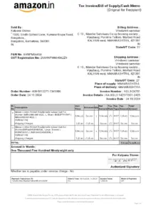 Invoice for Kalpana Stores – Order Number 408-5812271-7341906