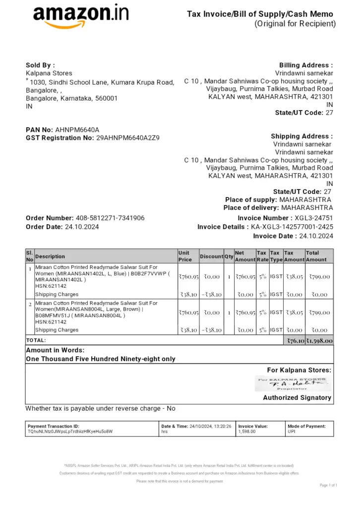 Invoice for Kalpana Stores - Order Number 408-5812271-7341906