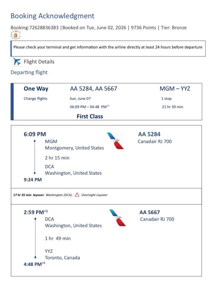 Lucy Itinerary - Travel Plans from Montgomery to Toronto