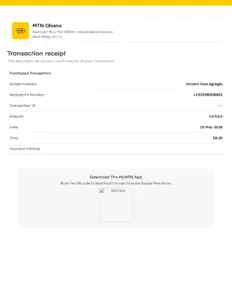MTN Ghana Transaction Receipt – Vincent Dovi Aglaglo