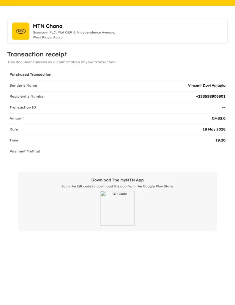 MTN Ghana Transaction Receipt - Vincent Dovi Aglaglo