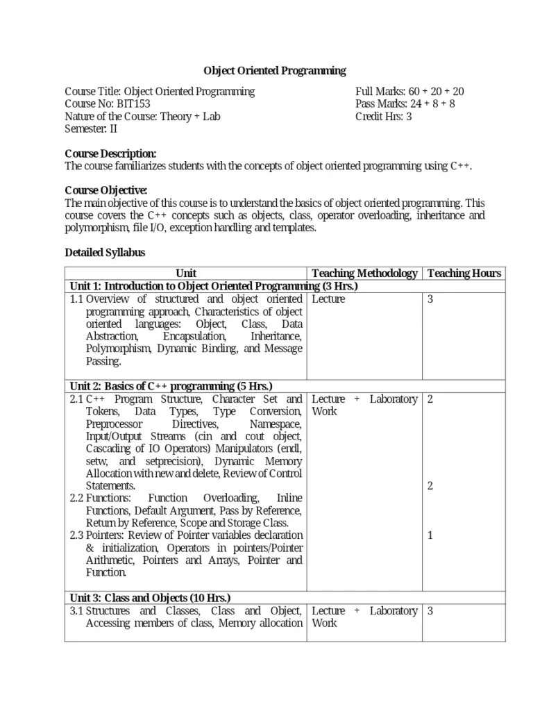 Object Oriented Programming Syllabus BIT153